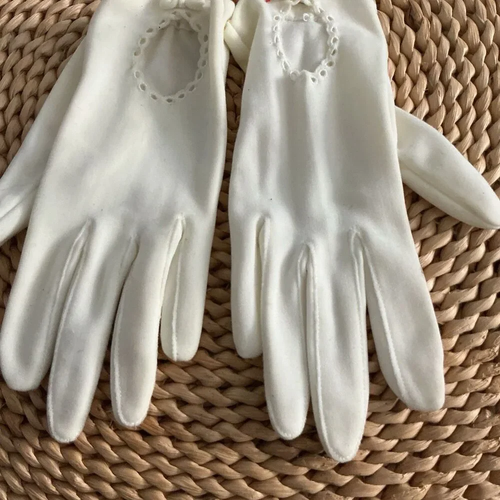 Vintage White Nylon Dress Gloves Small Eyelet Cutout Bow Formal Bridal